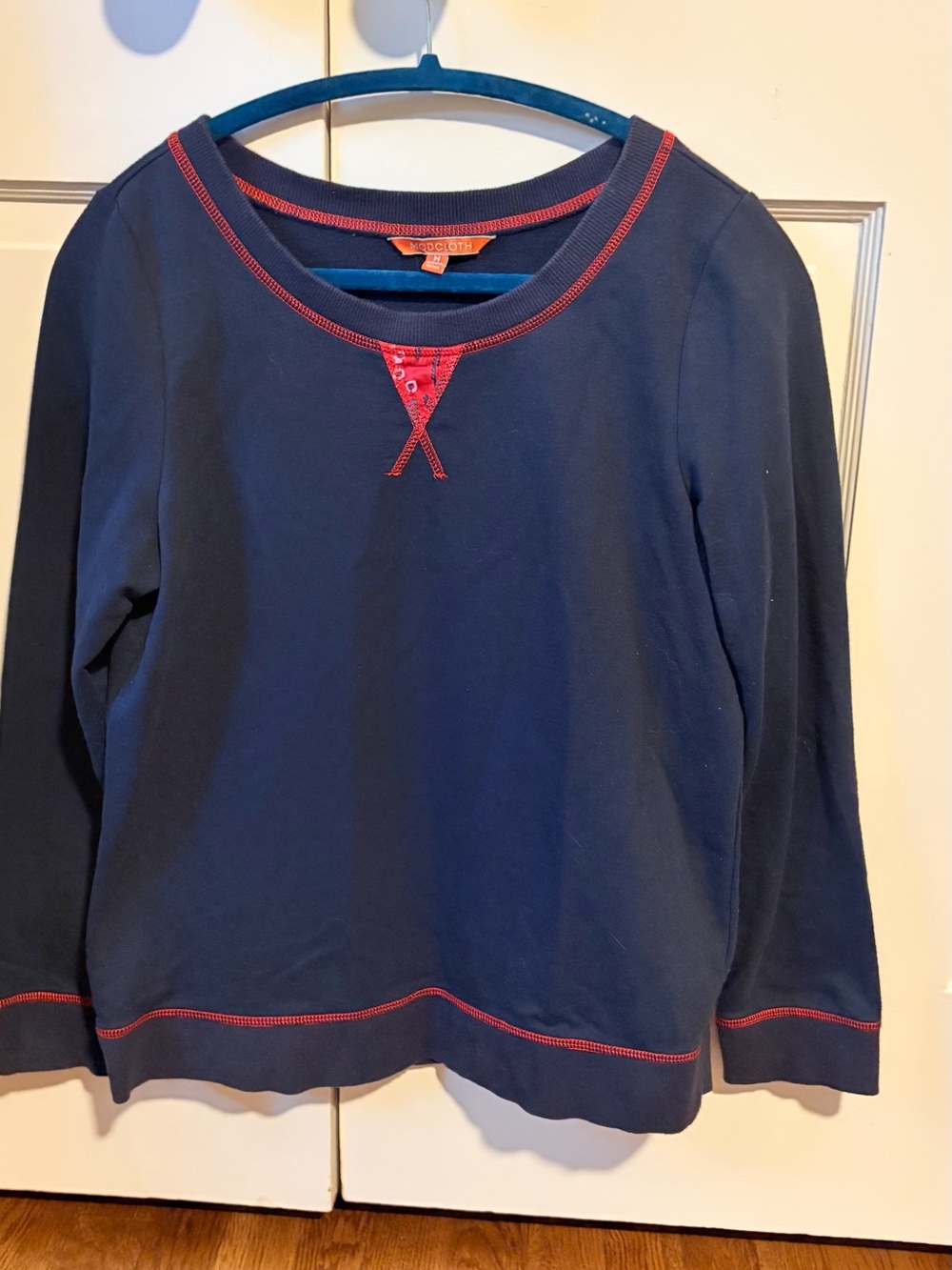Modcloth Navy Crewneck Sweater Red Trim Elbow Patches